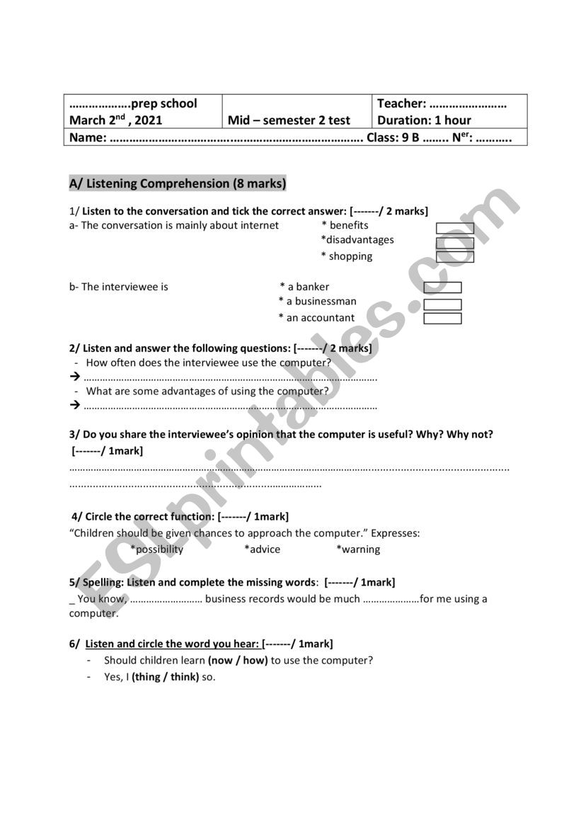 Mid-semester 2 test  9th grade 2021