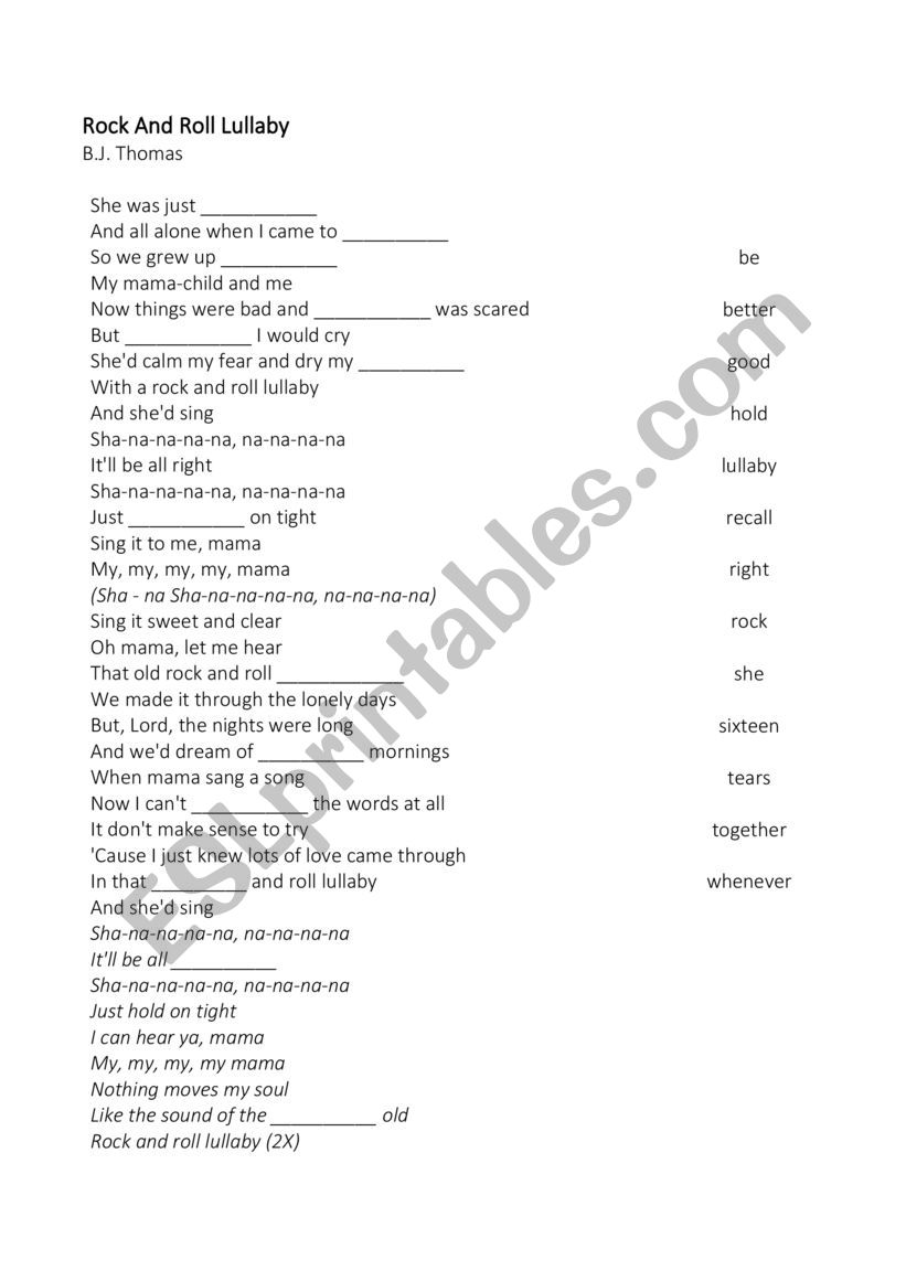 Rock ï¿½n Roll Lullaby worksheet