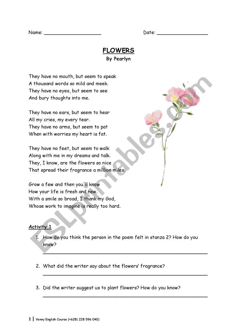 Poetry comprehension worksheet - FLOWERS