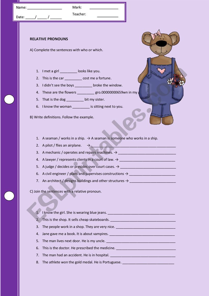 Relative Pronouns worksheet