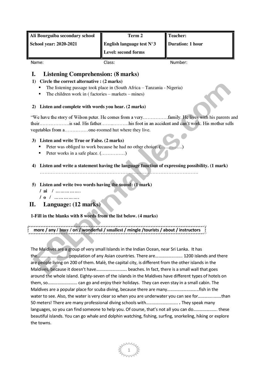 Mid-term test N2 term 2 second form 