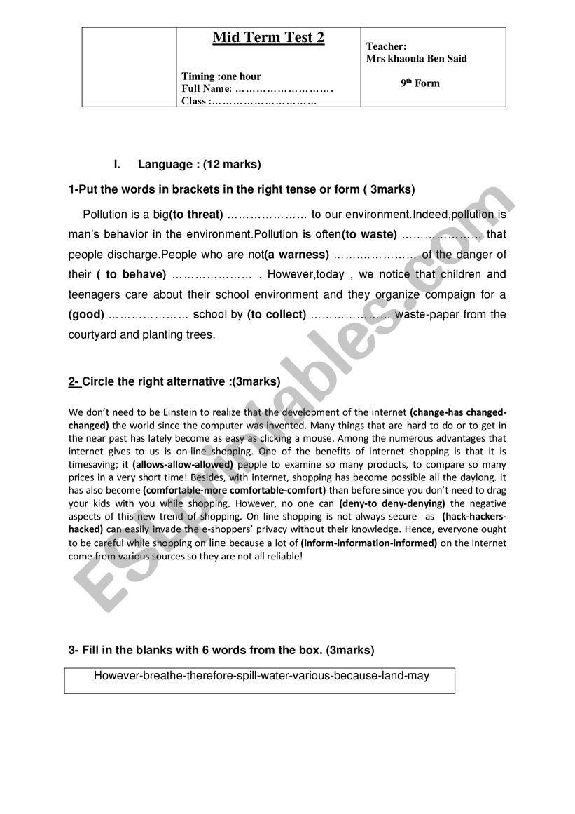 Mid term Test 2 9th form worksheet