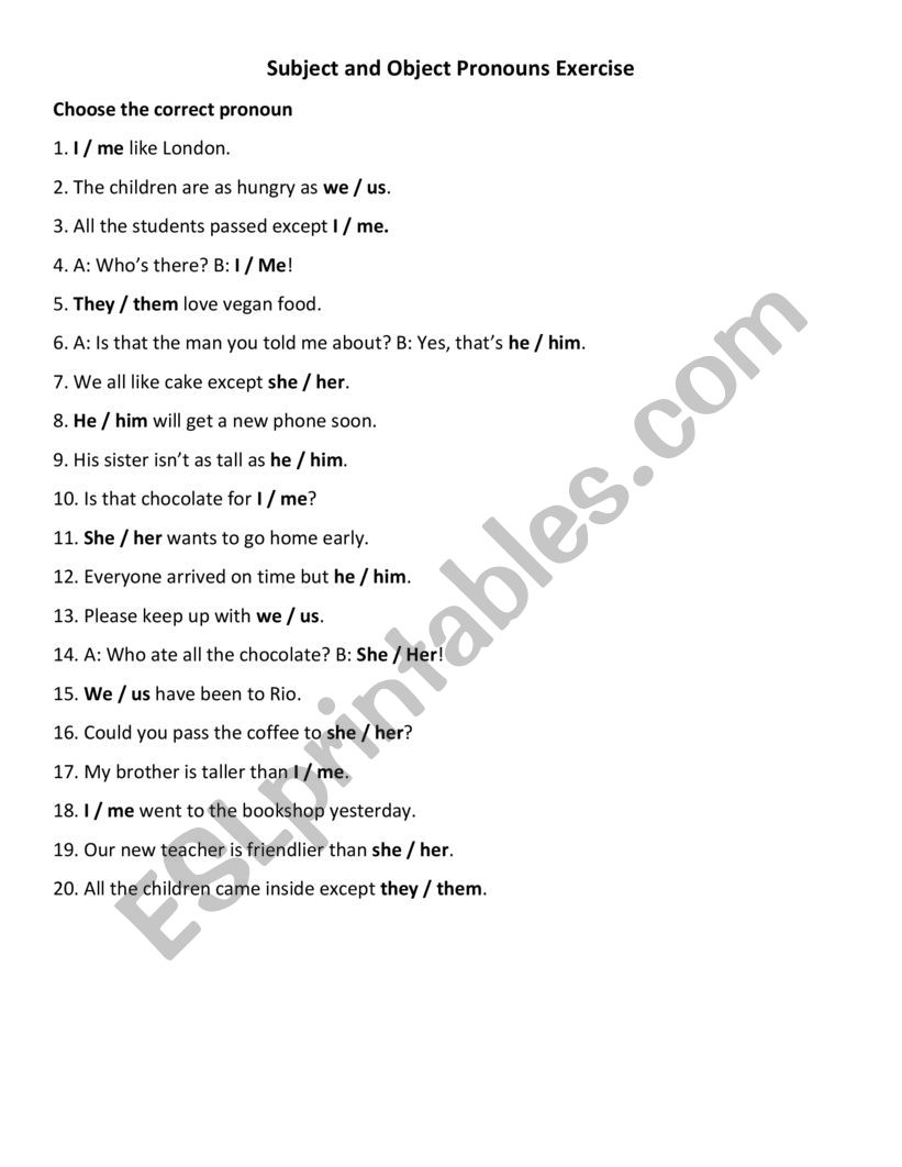 SUBJECT AND OBJECT PRONOUNS worksheet