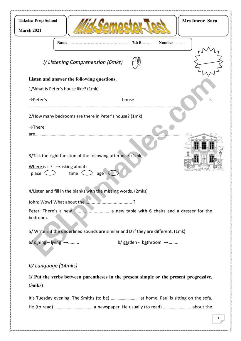 Mid-semester test 7th form Tunisia