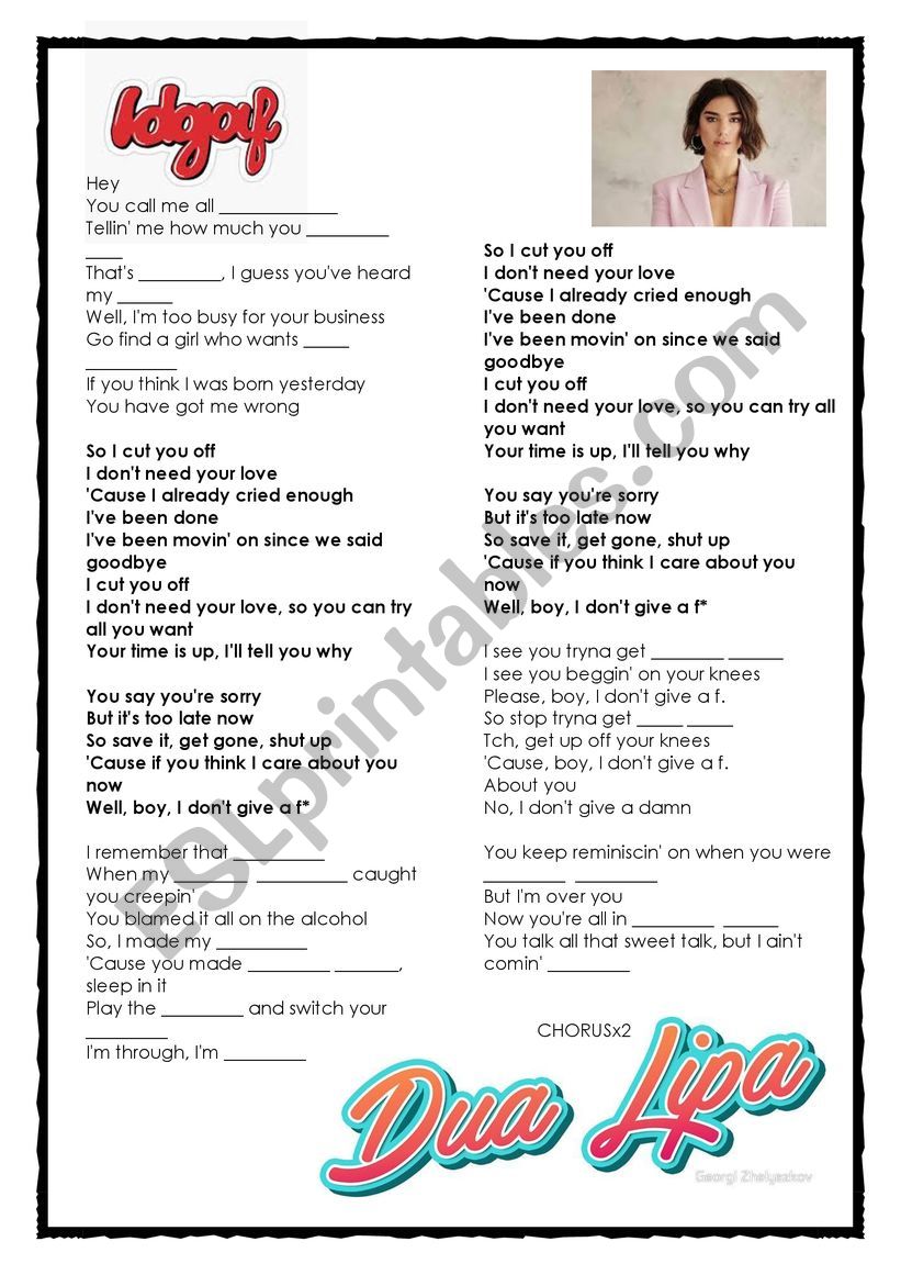 IDGAF - DUA LIPA - SONG worksheet