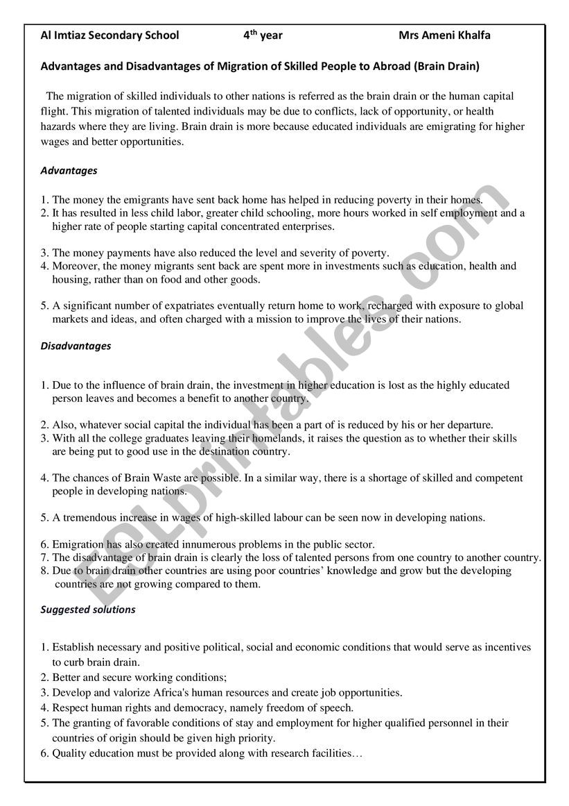 Brain drain worksheet