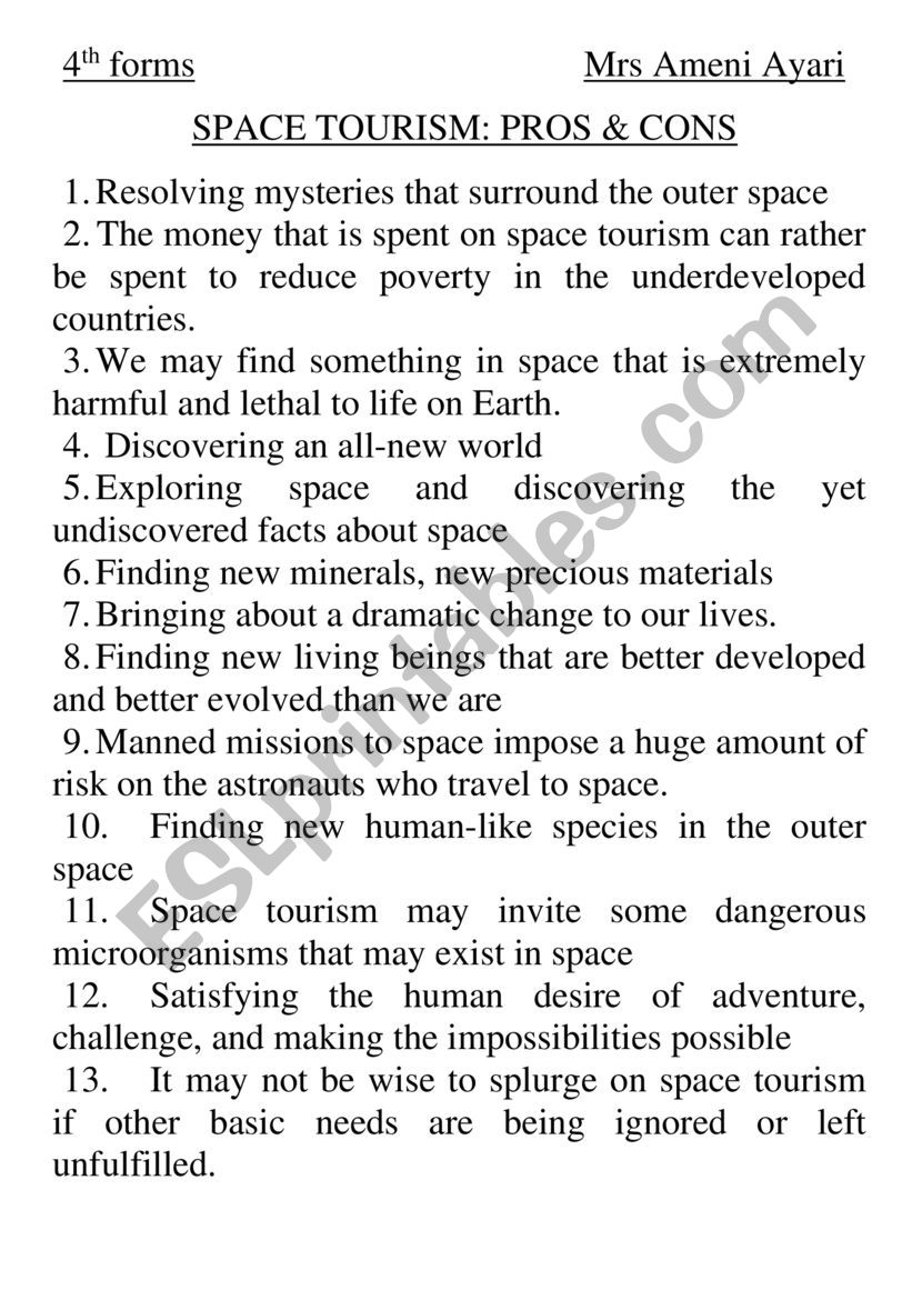Space tourism worksheet