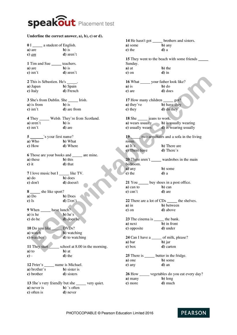 Speakout Placement Test worksheet