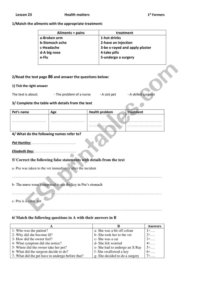 health matters worksheet