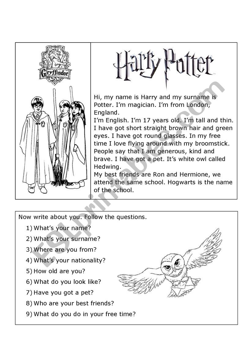 esl worksheet harry potter