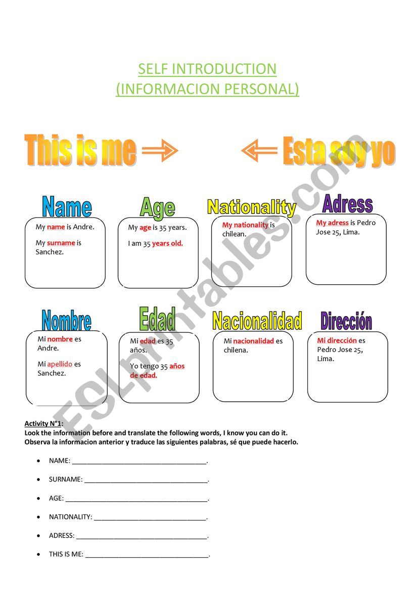 Personal Information worksheet