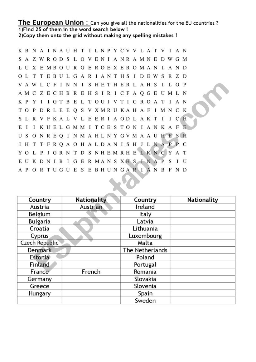 EU nationalities word search worksheet