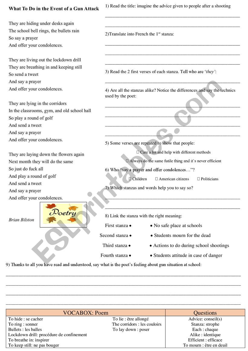 Gun poem worksheet