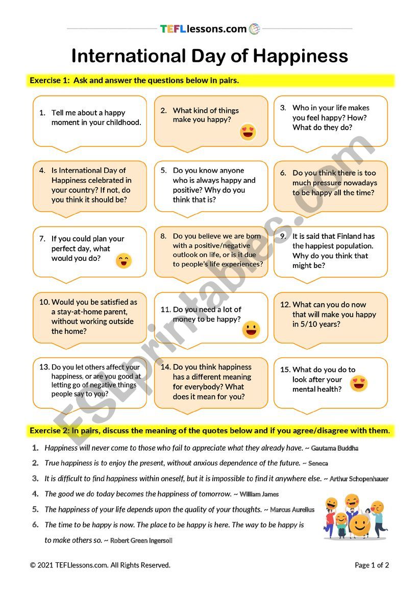 Happiness Day Speaking Task worksheet