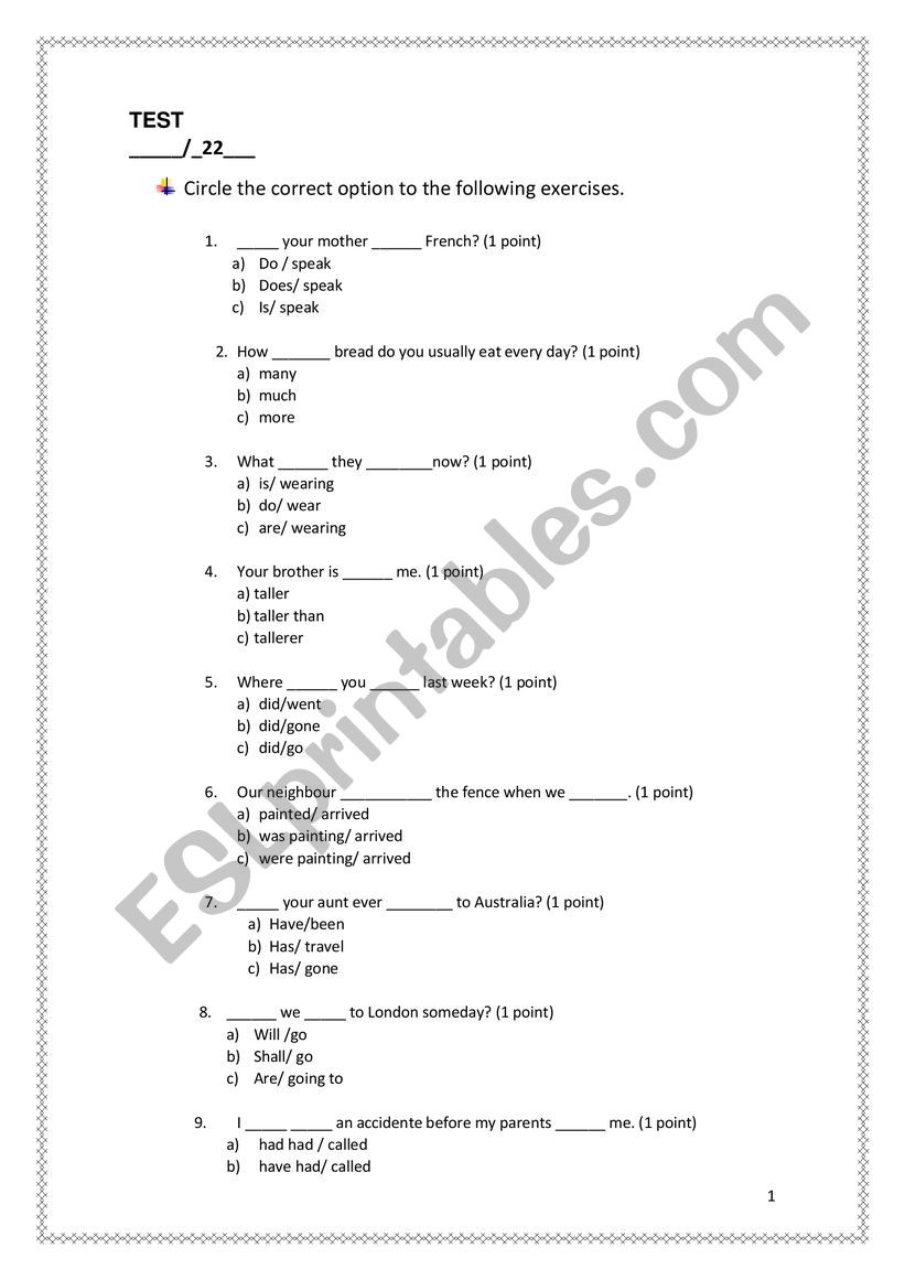 Test Grammar worksheet