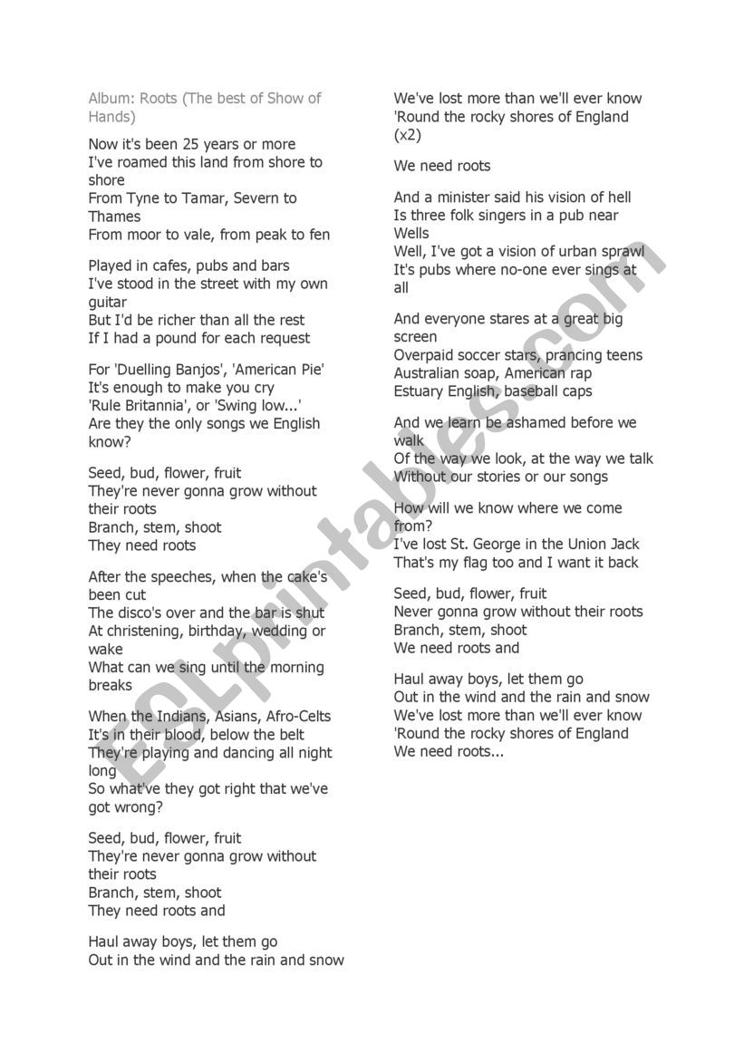 Roots - missing words song worksheet