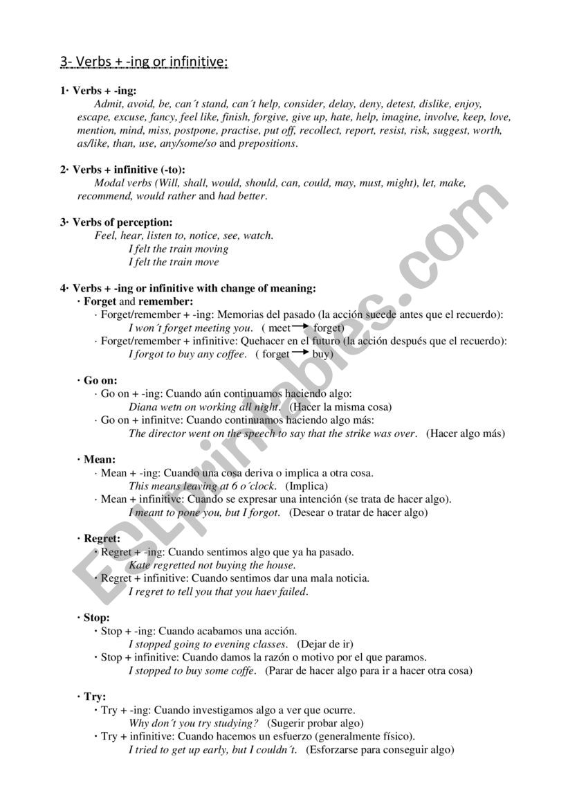 verbs followed by -ing or infinitive