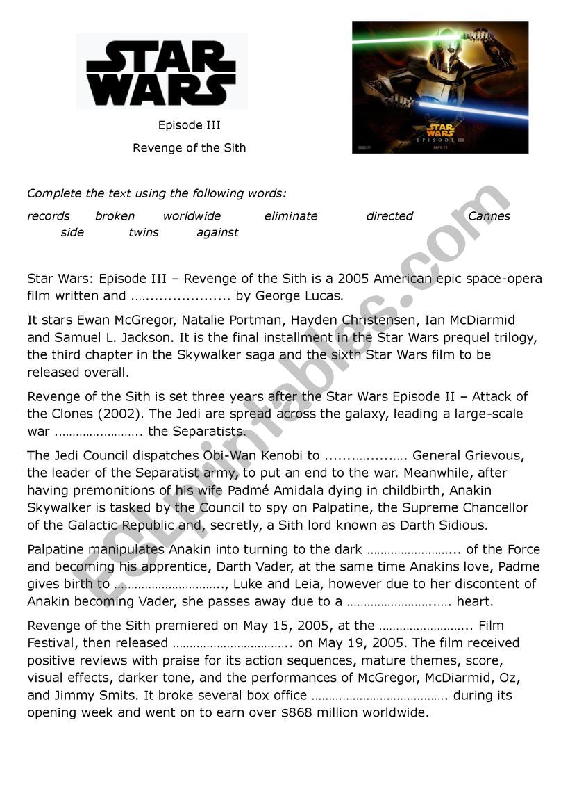 Star Wars III worksheet