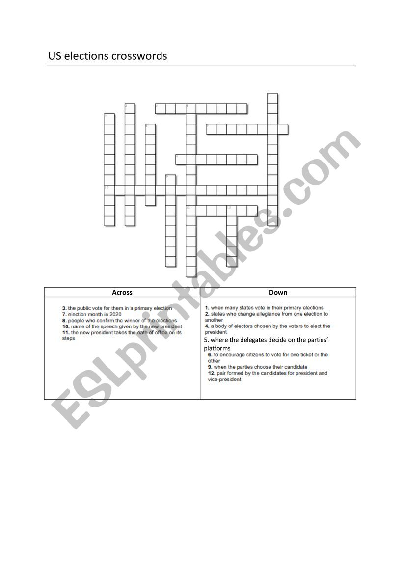 US elections crosswords worksheet