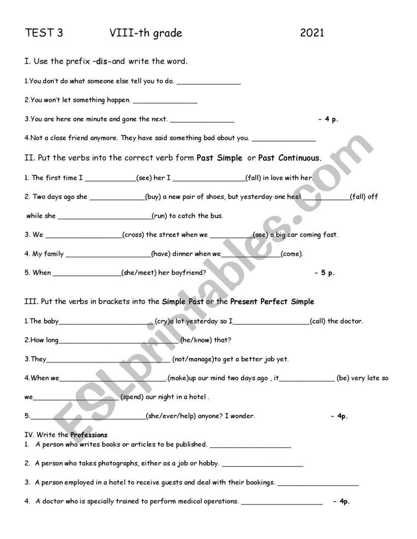  Test VIII grade worksheet