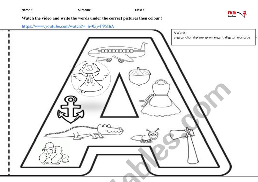 Letter A worksheet with video worksheet