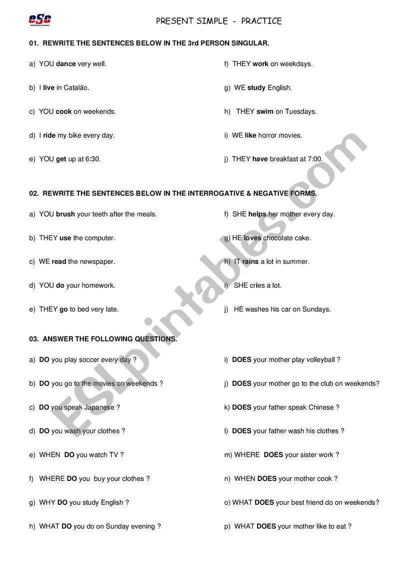 SIMPLE PRESENT PRACTICE worksheet