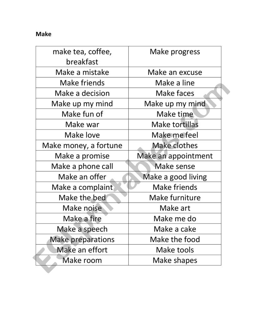 Make vs. Do worksheet