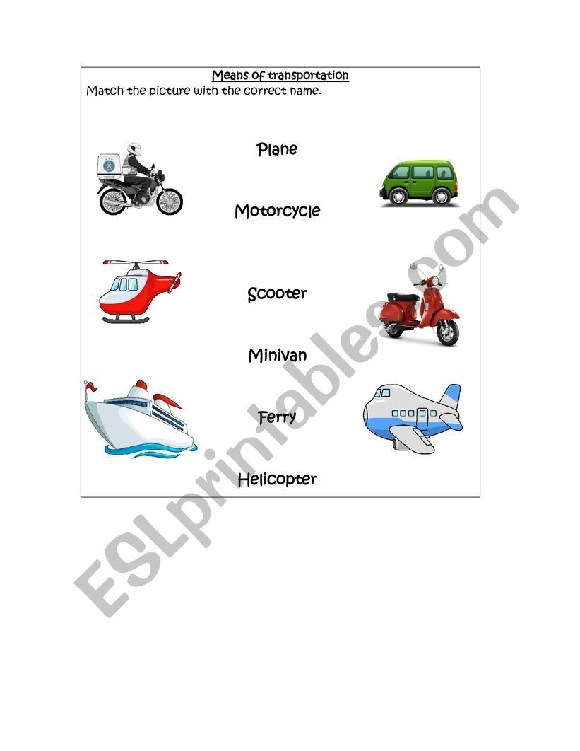 means of transportation worksheet