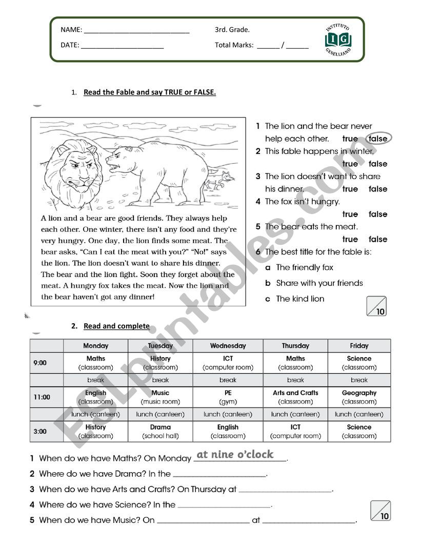 Test 3rd grade worksheet