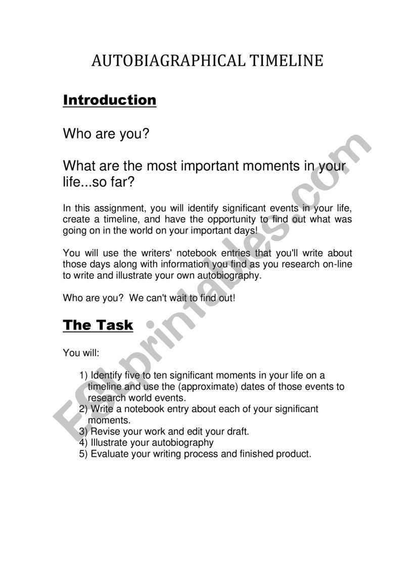 Autobiography instructions worksheet