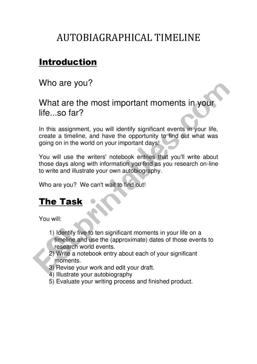 Autobiography instructions worksheet