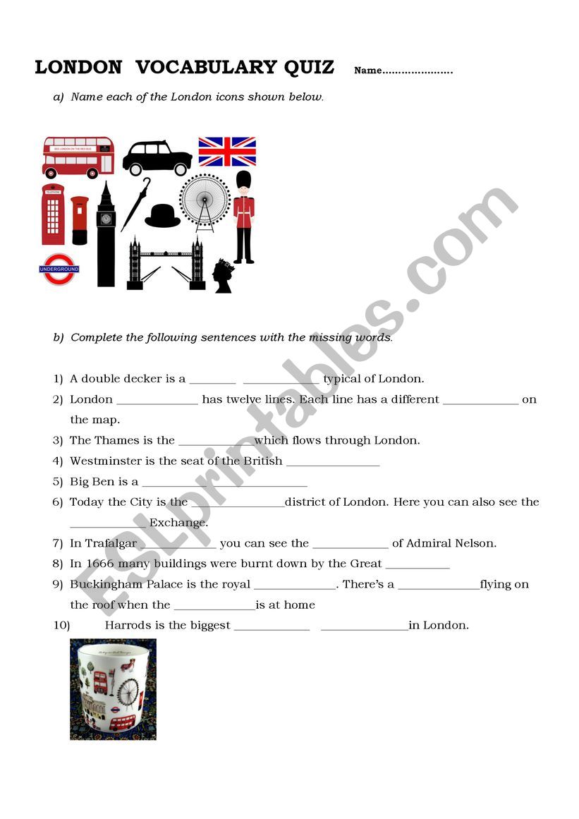 London Vocabulary quiz worksheet
