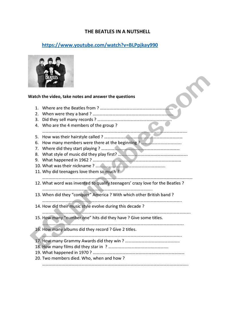 The Beatles in a nutshell worksheet