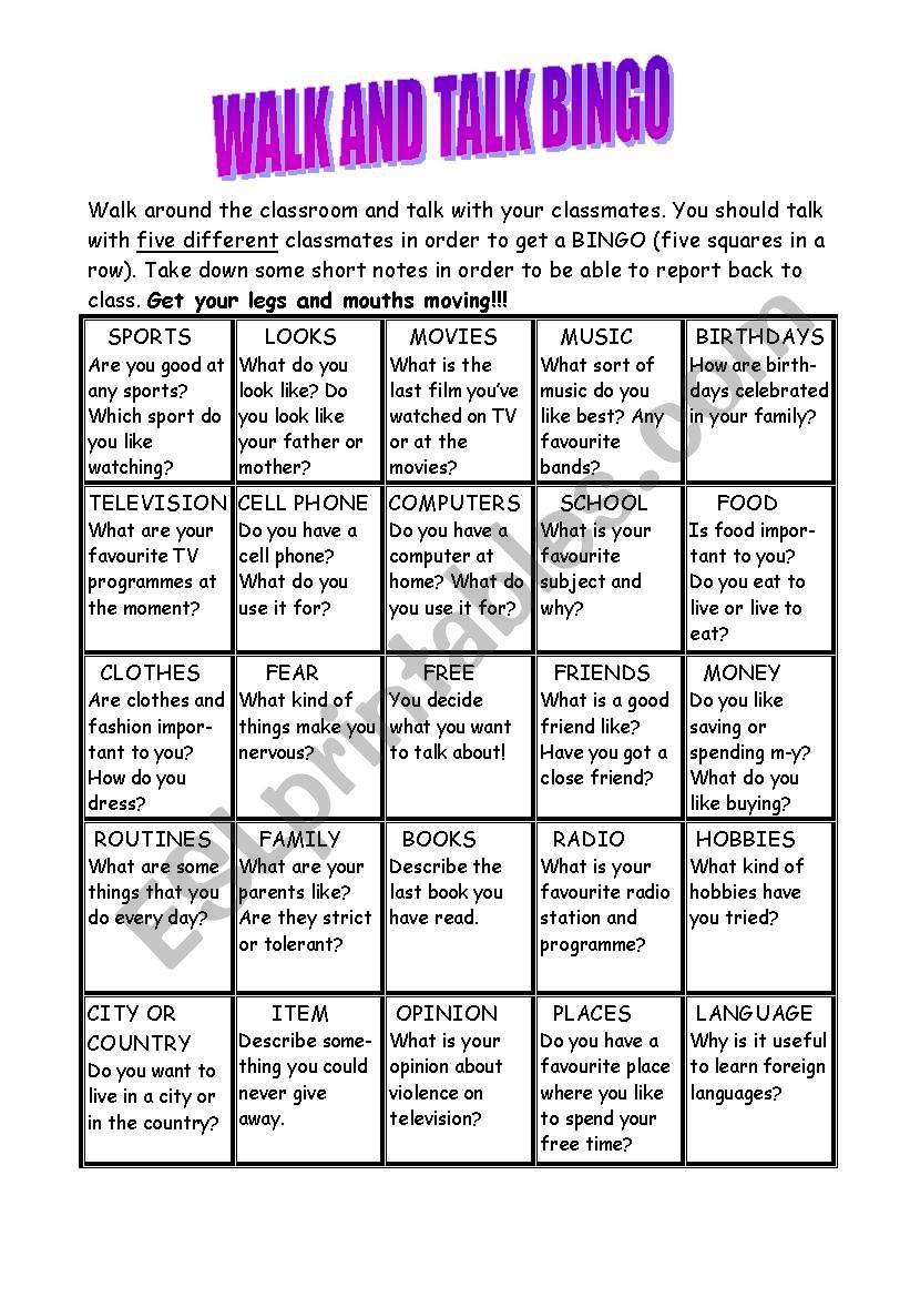 Walk and Talk Bingo worksheet