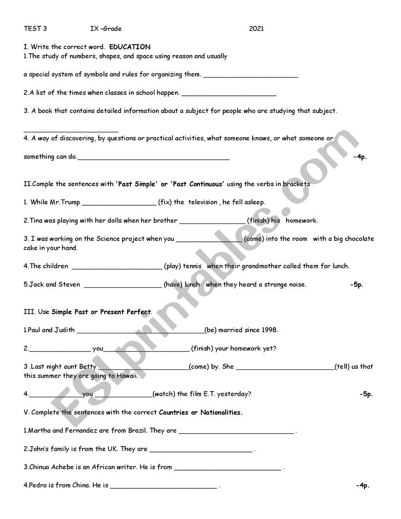 Test IX-th  grade worksheet