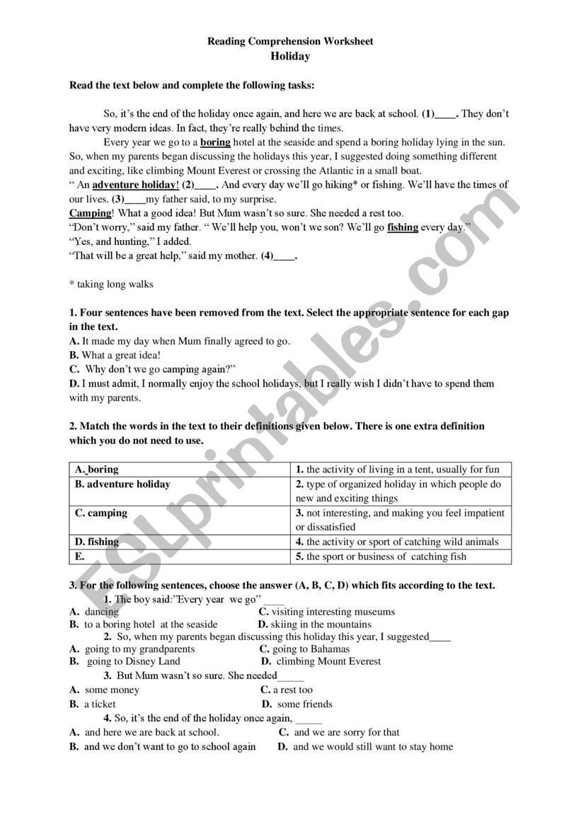 Reading Comprehension Worksheet Holiday