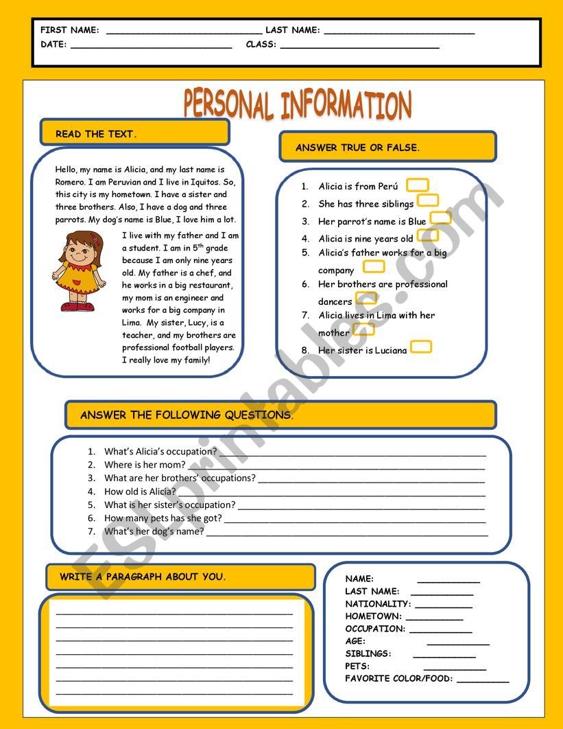 My Personal Information worksheet