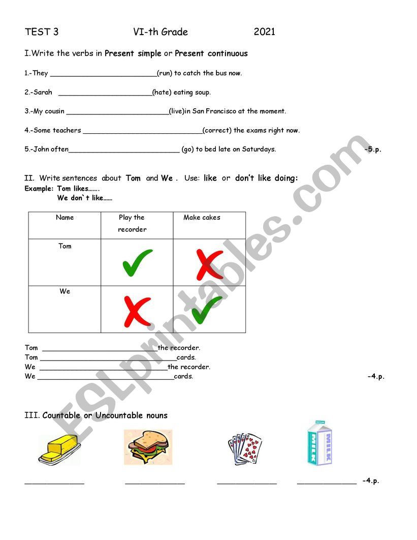   Test 3        6-th grade worksheet