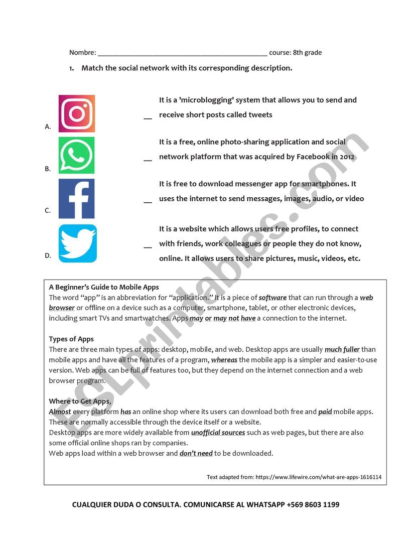 Reading activity about apps worksheet