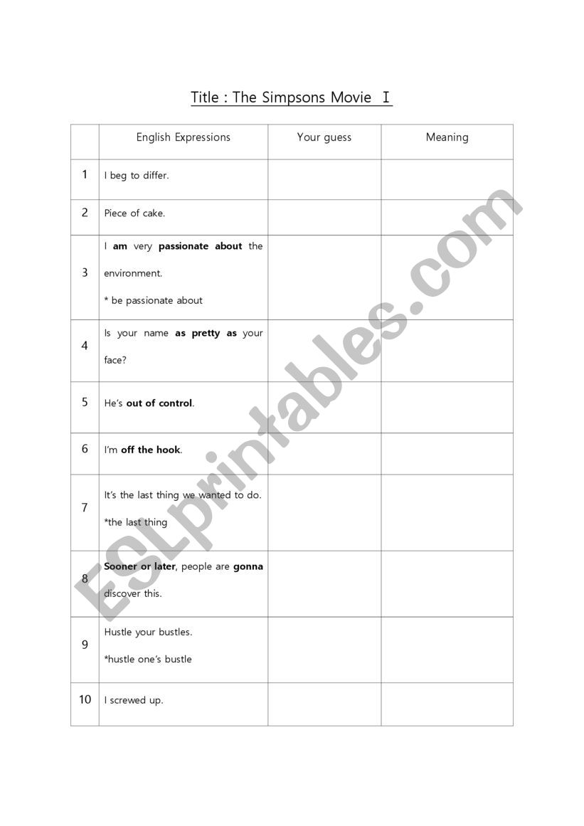 the simpsons movie worksheet 1