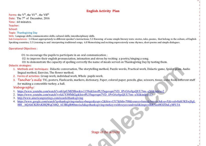 Thanks Giving Day lesson plan worksheet