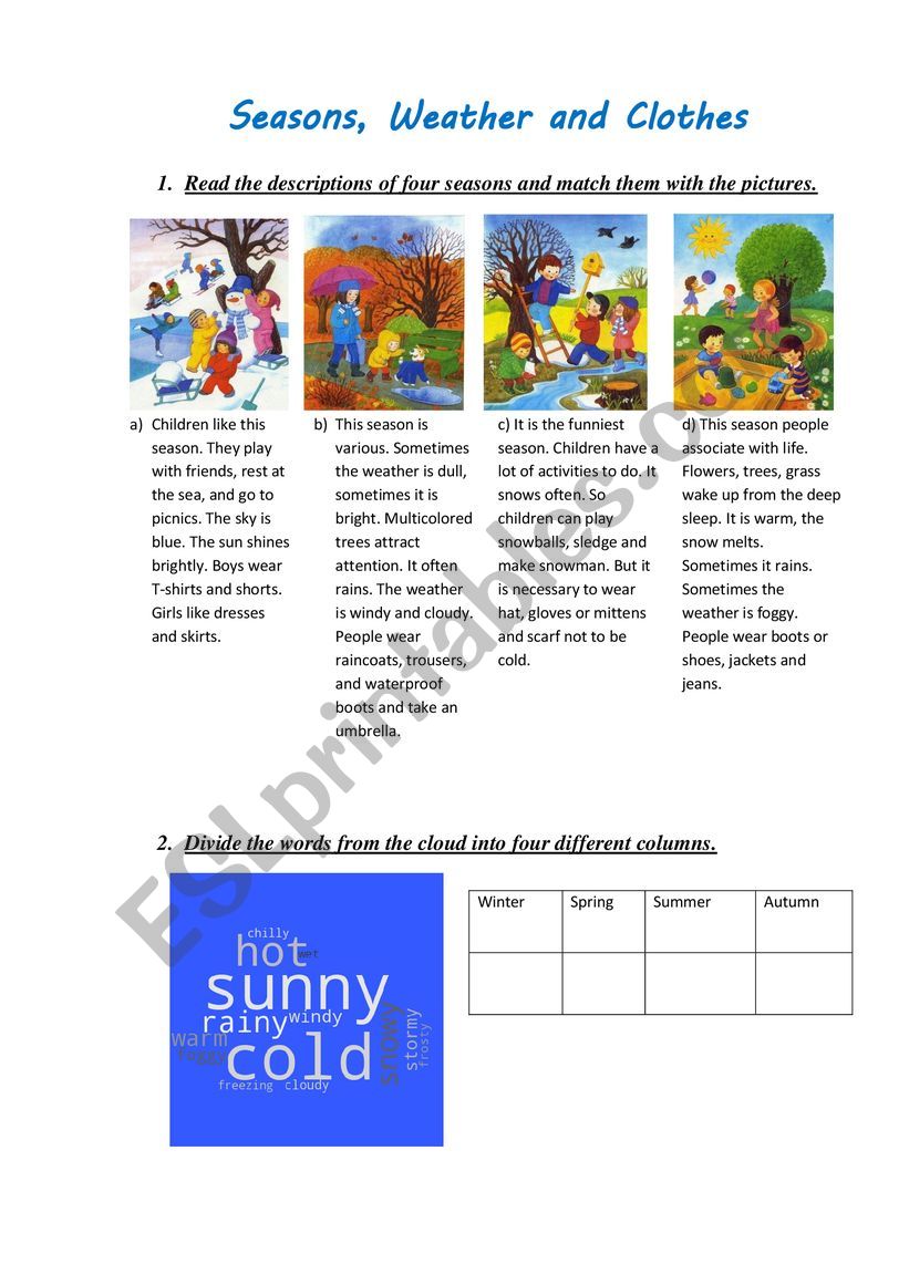 Seasons, weather and clothes worksheet