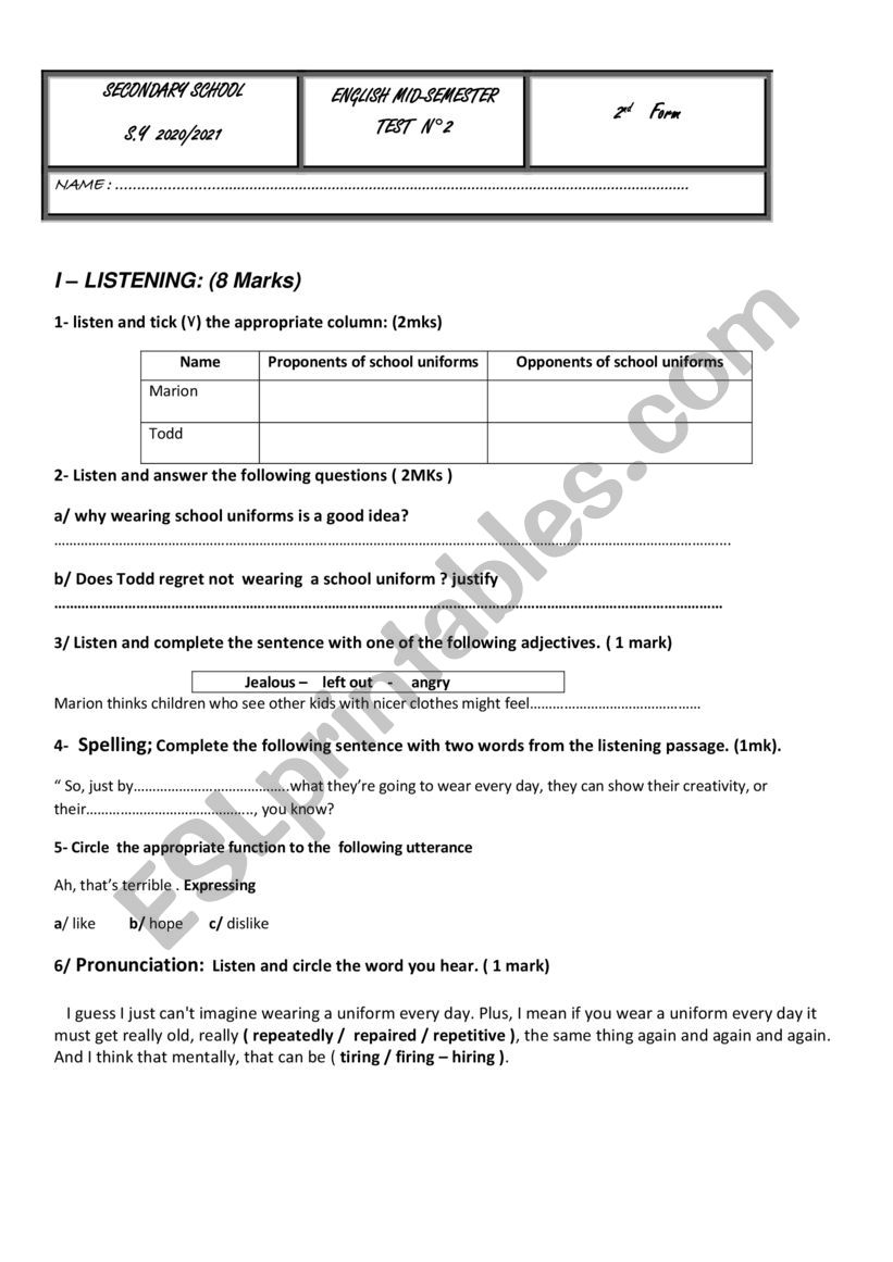 Mid Semester Test Nb2 worksheet