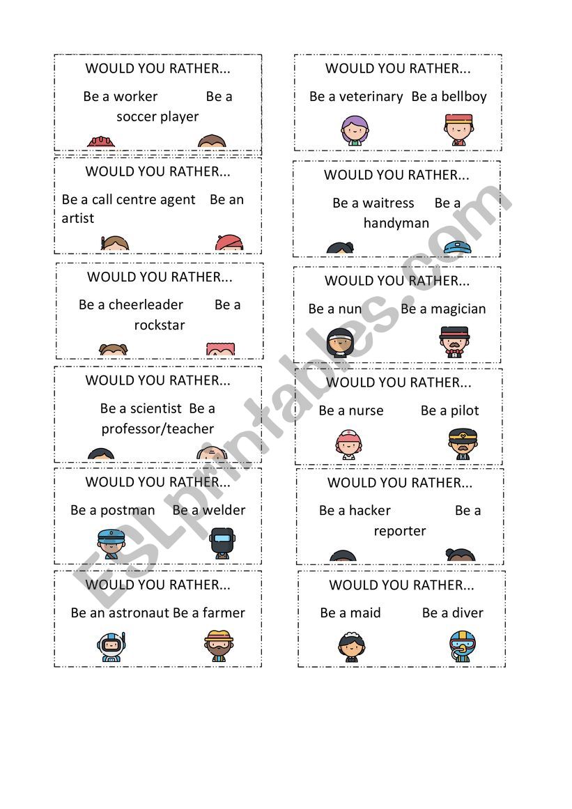 Would You Rather Cards: Jobs worksheet