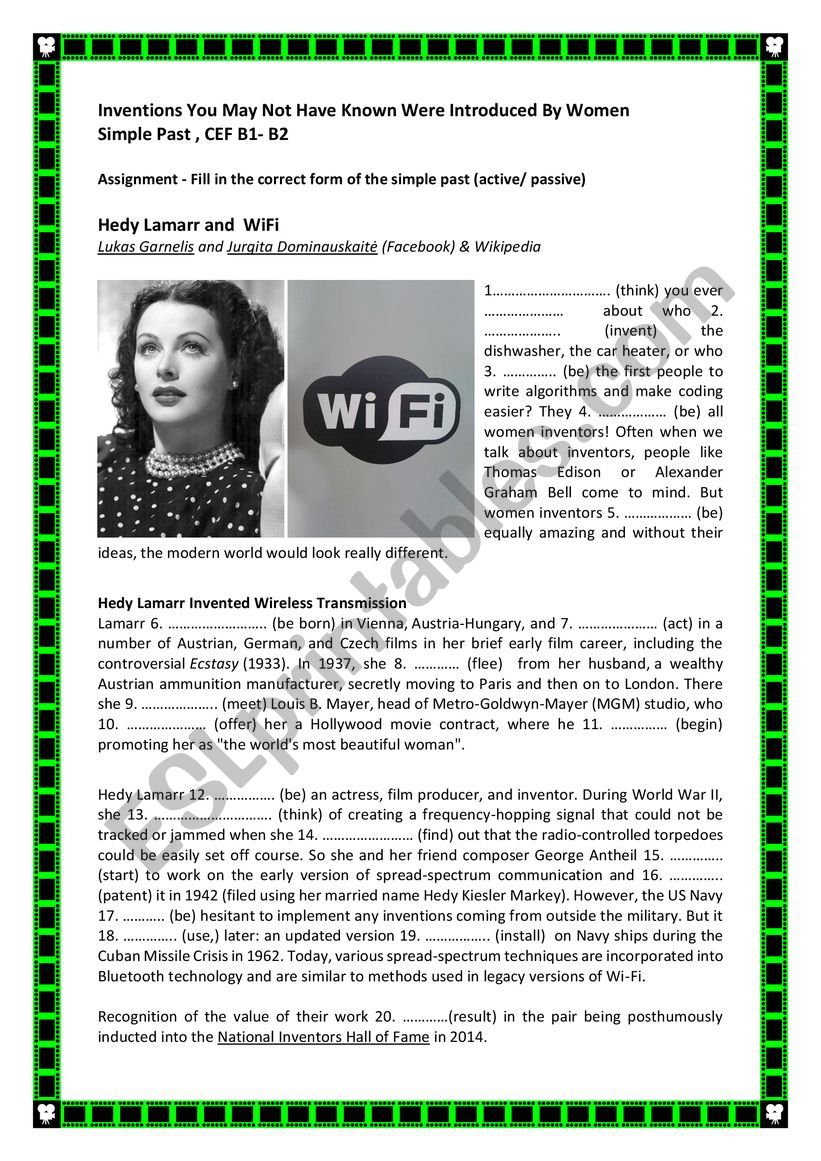 Hedy Lamarr  Wi-Fi inventions by women past simple & speaking assignment