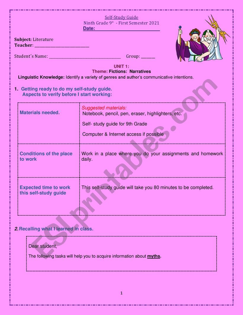 Myths Literature worksheet