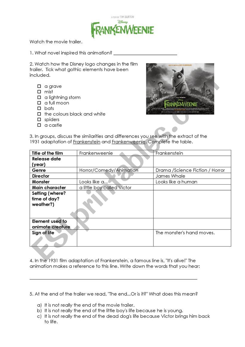 Worksheet for Frankenweenie film trailer