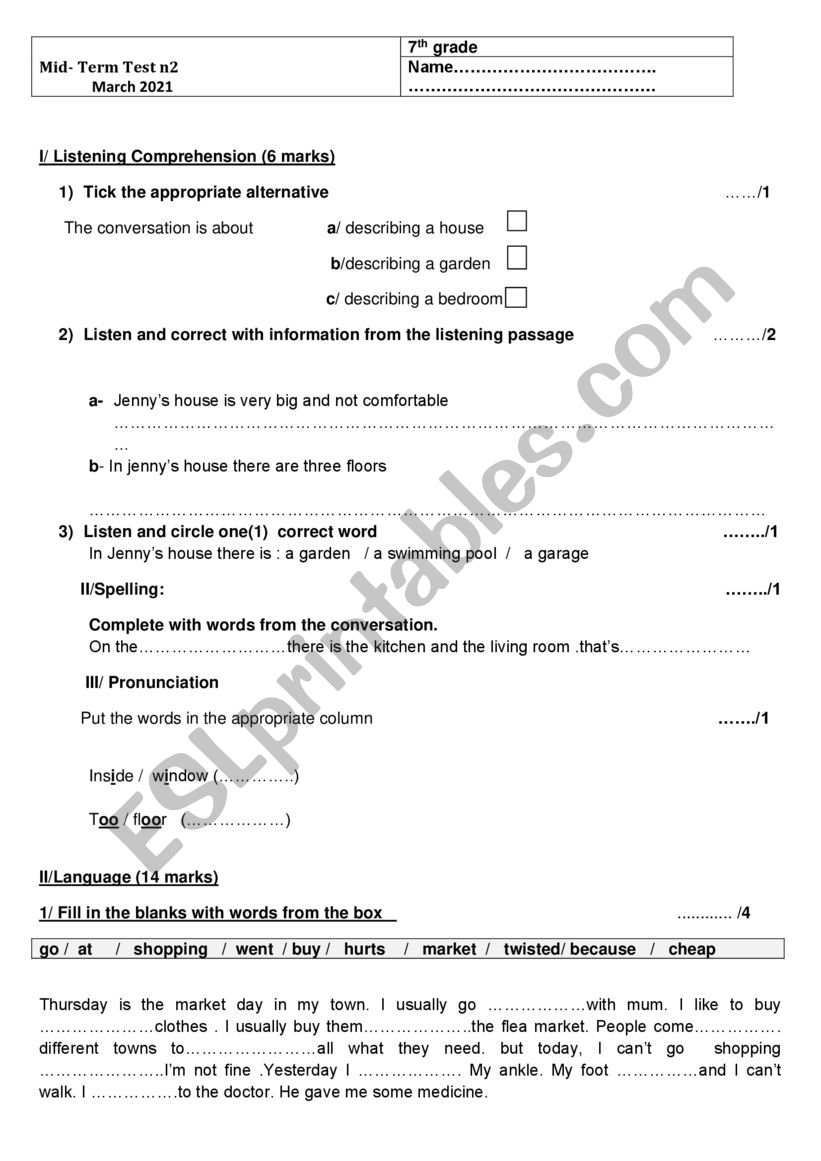 mid-term test n°2 worksheet