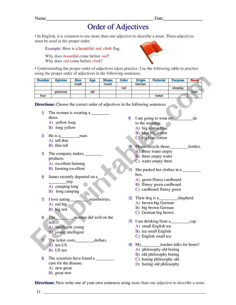 order of adjectives  worksheet