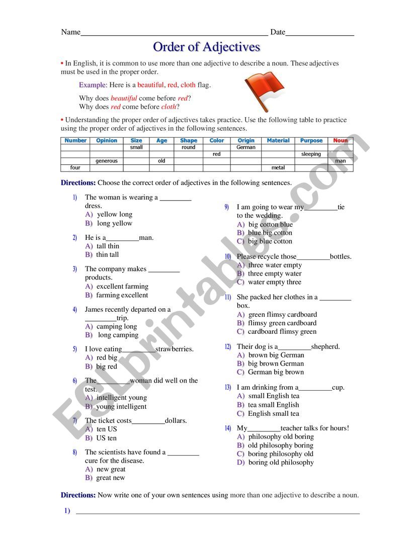 order of adjectives  worksheet